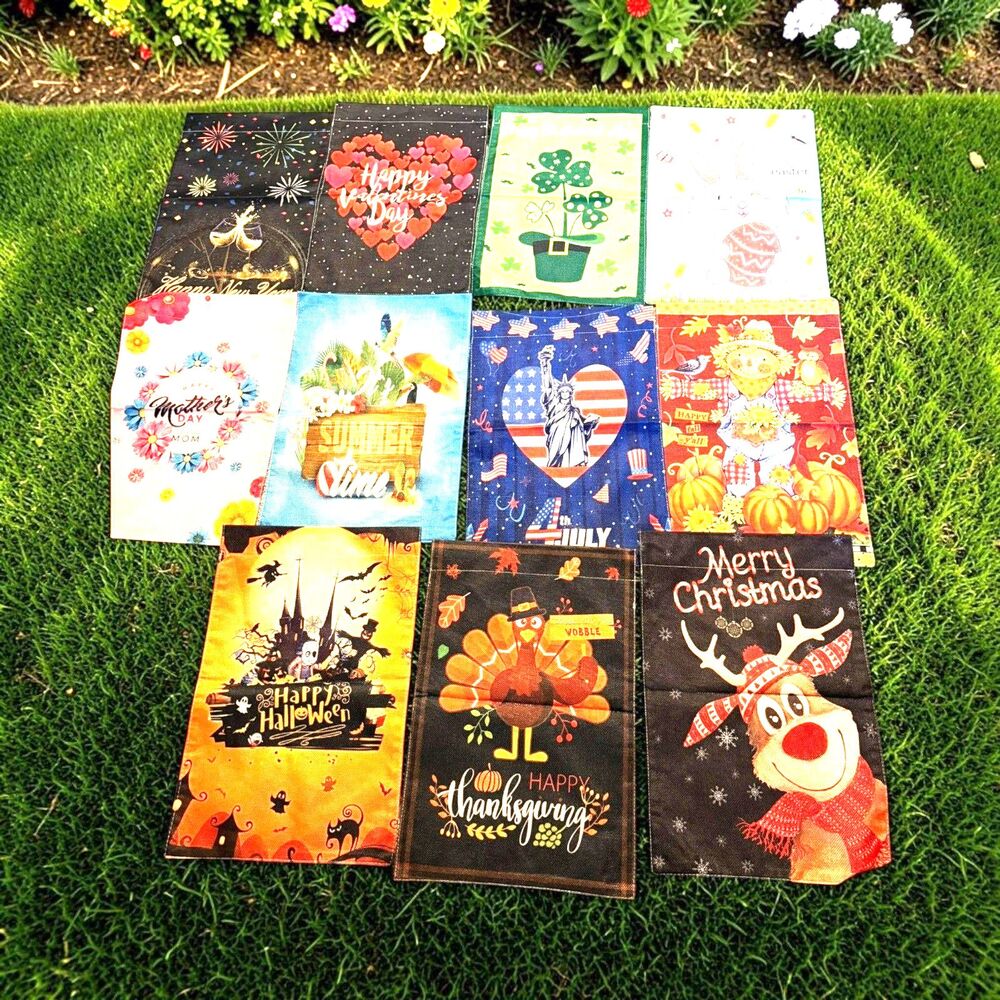 Seasonal Holiday Garden Flags 12x18 Polyester Multicolor US lot of 11